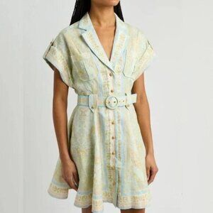 Zimmermann Mint Green Multicoloured Printed Linen Mini Shirt Dress